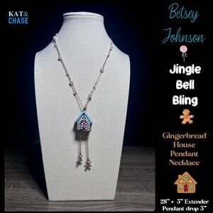 Betsey Johnson Gingerbread House Pendant Necklace Jingle Bell Bling New